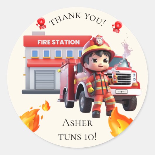 Cute Kawaii Firefighter Boy Fire Truck Thank You ラウンドシール (正面)