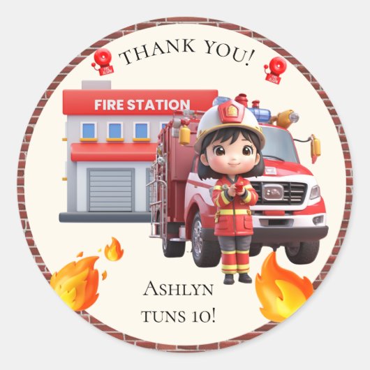 Cute Kawaii Firefighter Girl and Fire Truck ラウンドシール (正面)