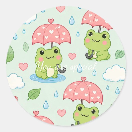 Cute Kawaii Frog Heart Umbrella Pattern ラウンドシール (正面)
