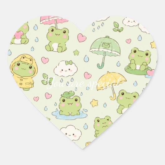 Cute Kawaii Frog Pattern | Green Pastel ハートシール (正面)