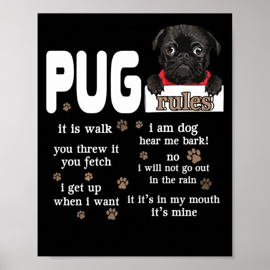Cute Kawaii Funny Black Pug Dog Rules Gifts ポスター (正面)