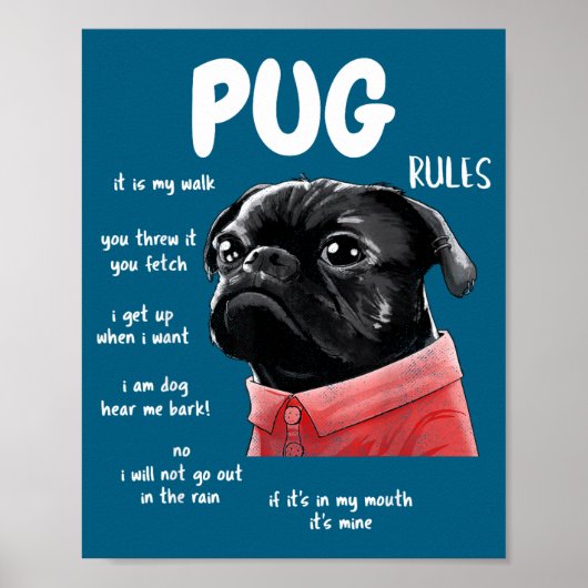 Cute Kawaii Funny Black Pug Dog Rules Men Women Ki ポスター (正面)