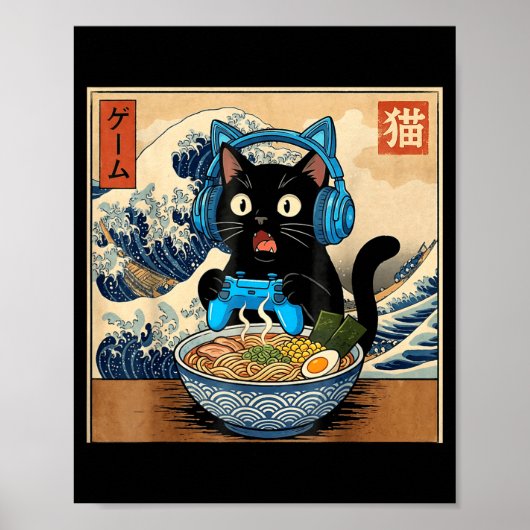 Cute Kawaii Gamer Cat Funny Ramen Japanese Cat Gam ポスター (正面)
