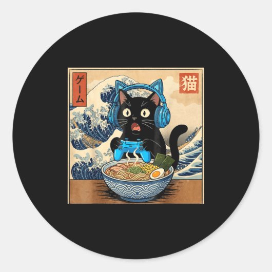 Cute Kawaii Gamer Cat Funny Ramen Japanese Cat Gam ラウンドシール (正面)