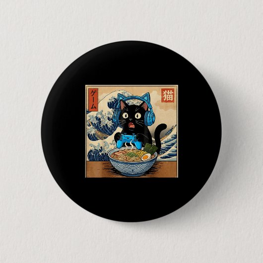 Cute Kawaii Gamer Cat Funny Ramen Japanese Cat Gam 缶バッジ (正面)