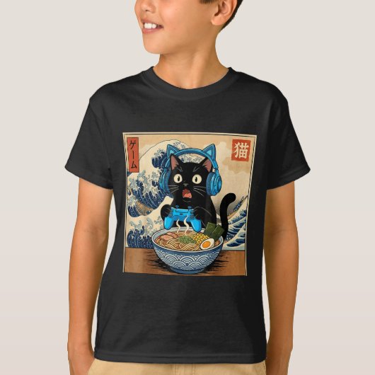 Cute Kawaii Gamer Cat Funny Ramen Japanese Cat Gam Tシャツ (正面)
