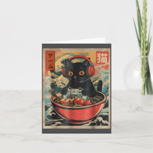 Cute Kawaii Gamer Cat Funny Ramen Retro Japanese C カード (正面)