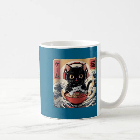 Cute Kawaii Gamer Cat Funny Ramen Retro Japanese C コーヒーマグカップ (右)