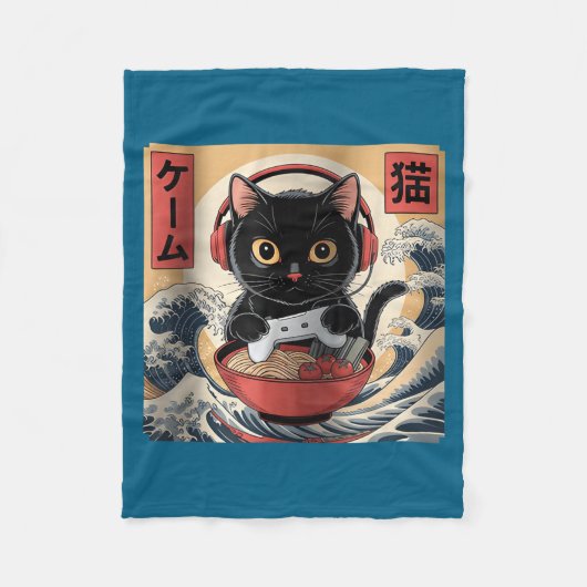 Cute Kawaii Gamer Cat Funny Ramen Retro Japanese C フリースブランケット (正面)