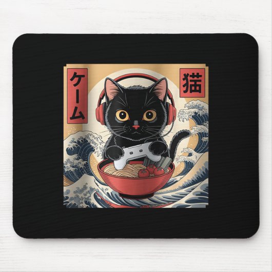 Cute Kawaii Gamer Cat Funny Ramen Retro Japanese C マウスパッド (正面)
