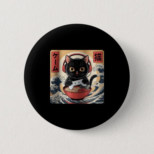 Cute Kawaii Gamer Cat Funny Ramen Retro Japanese C 缶バッジ (正面)