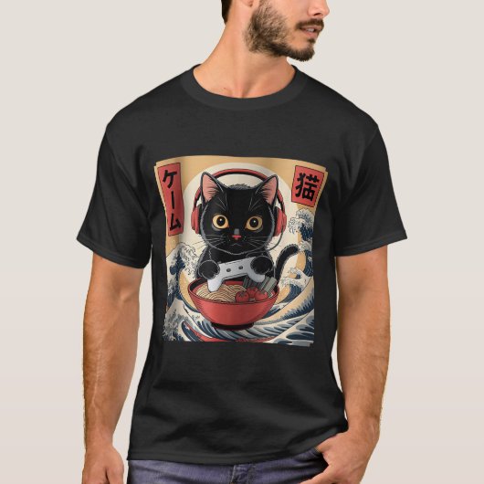 Cute Kawaii Gamer Cat Funny Ramen Retro Japanese C Tシャツ (正面)