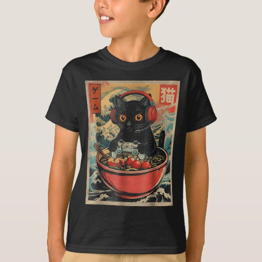 Cute Kawaii Gamer Cat Funny Ramen Retro Japanese C Tシャツ (正面)