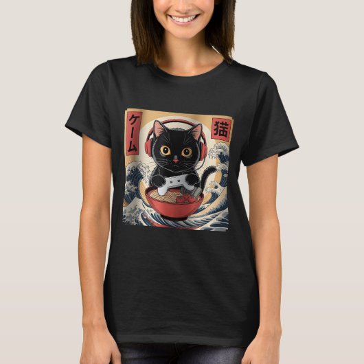 Cute Kawaii Gamer Cat Funny Ramen Retro Japanese C Tシャツ (正面)