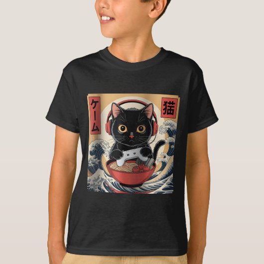 Cute Kawaii Gamer Cat Funny Ramen Retro Japanese C Tシャツ (正面)