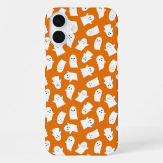 Cute Kawaii Ghost Pattern on Orange Background  iPhone 16 Plusケース