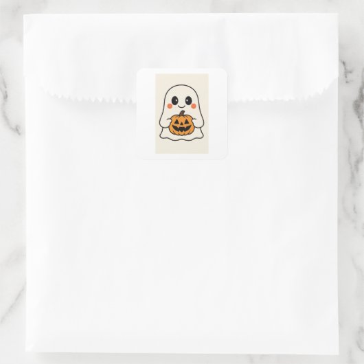 Cute Kawaii Ghost with Pumpkin スクエアシール (バッグ)