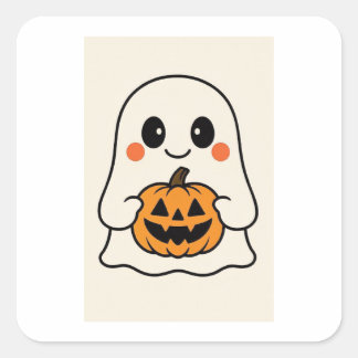 Cute Kawaii Ghost with Pumpkin スクエアシール