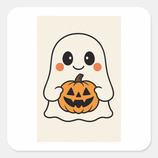 Cute Kawaii Ghost with Pumpkin スクエアシール (正面)