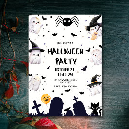 Cute Kawaii Ghosts & Graveyard Halloween Party 招待状