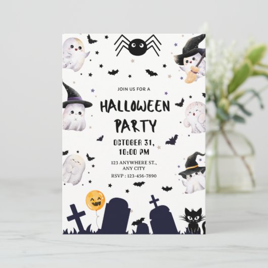 Cute Kawaii Ghosts & Graveyard Halloween Party 招待状 (スタンド正面)
