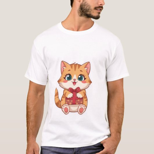 Cute Kawaii Ginger Cat Holding Red Gift Box ✨🎁 Tシャツ (正面)