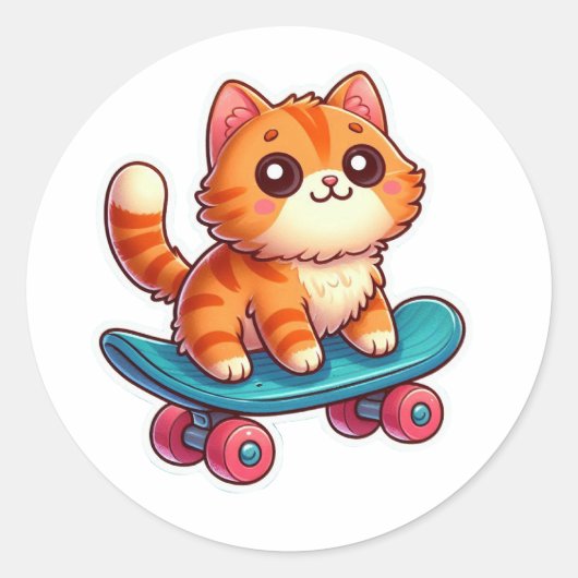 Cute Kawaii Ginger Cat on Skateboard Sticker ✨🐾🛹 ラウンドシール (正面)