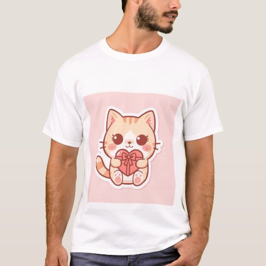 Cute Kawaii Ginger Cat Sitting with Heart Gift 💖 Tシャツ (正面)