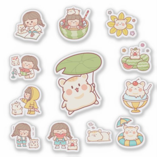 Cute Kawaii Girl and Bear Stickers シール (正面)