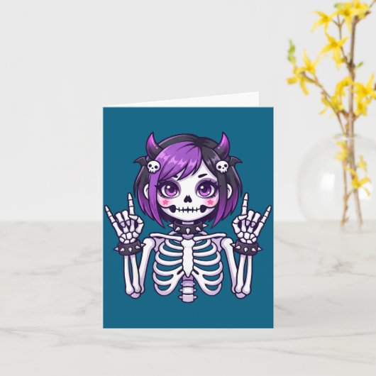 Cute Kawaii Goth Girl Skeleton Punk-goth Alternati カード (黄色い花)