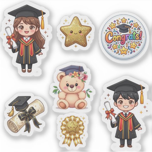 Cute Kawaii Graduation Chibi Boy and Girl Sticker  シール (正面)