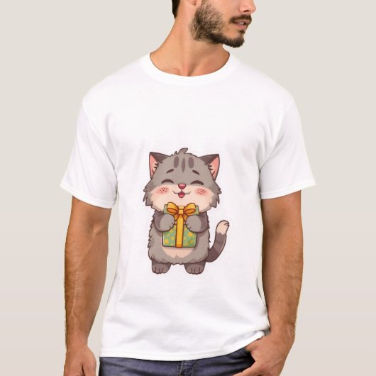Cute Kawaii Grey Kitty Hugging Floral Gift Box ✨🎁 Tシャツ (正面)