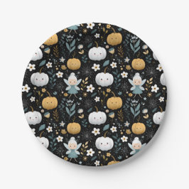 Cute Kawaii Halloween Fairy and Pastel Pumpkins ペーパープレート