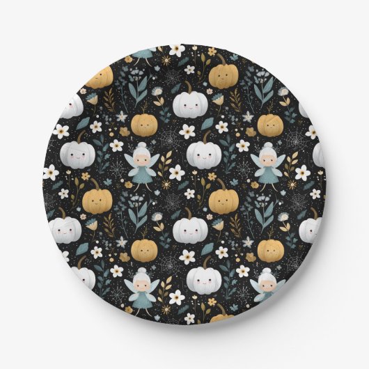 Cute Kawaii Halloween Fairy and Pastel Pumpkins ペーパープレート (正面)