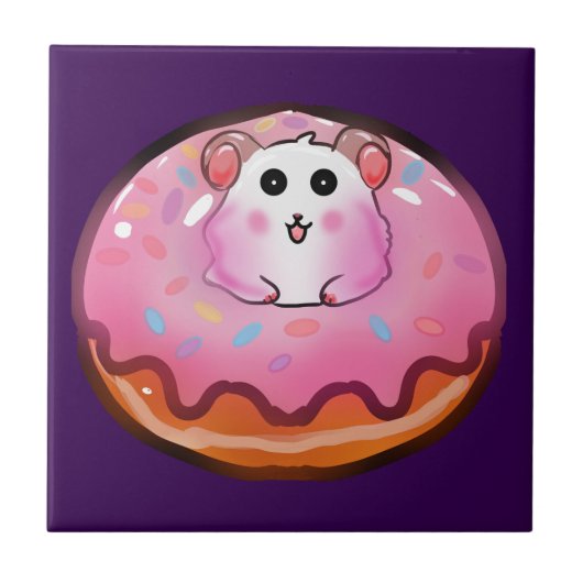 Cute Kawaii Hamster in Pink Frosted Donut Art タイル (正面)