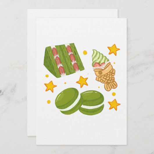 Cute Kawaii Hand-Drawn Matcha Sweets 招待状 (正面/裏面)