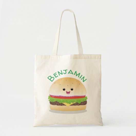 Cute kawaii happy hamburger cartoon illustration トートバッグ (正面)