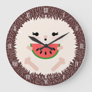 Cute Kawaii Hedgehog & Watermelon ラージ壁時計