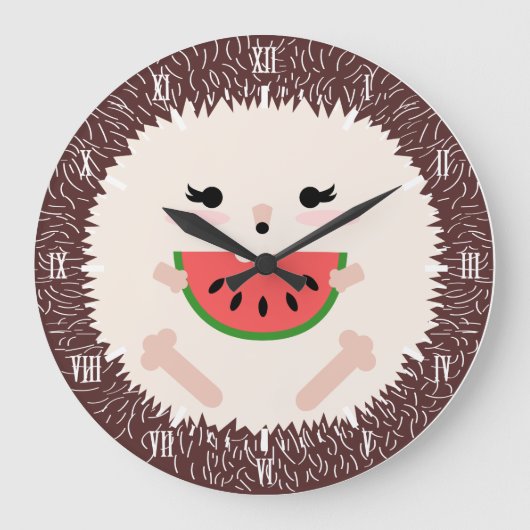 Cute Kawaii Hedgehog & Watermelon ラージ壁時計 (正面)
