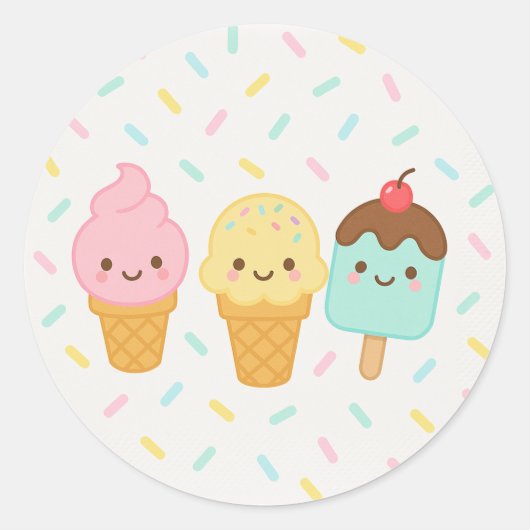 Cute Kawaii Ice Cream Party Plate ラウンドシール (正面)
