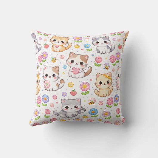 Cute Kawaii Kittens and Pastel Flowers クッション (裏面)