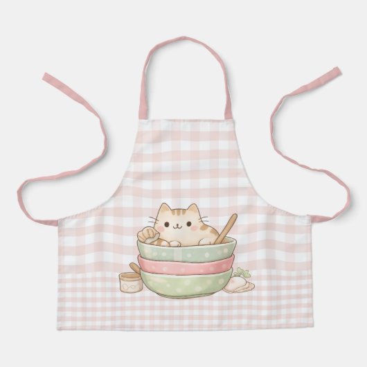 Cute Kawaii Kitty Cat Baking Pastel Gingham Pink エプロン (正面)