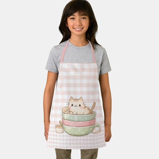 Cute Kawaii Kitty Cat Baking Pastel Gingham Pink エプロン (インサイチュ)