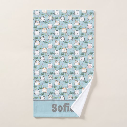 Cute kawaii kitty pattern gray blue name バスタオルセット (ハンドタオル)