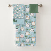 Cute kawaii kitty pattern green blue name バスタオルセット (インサイチュ)