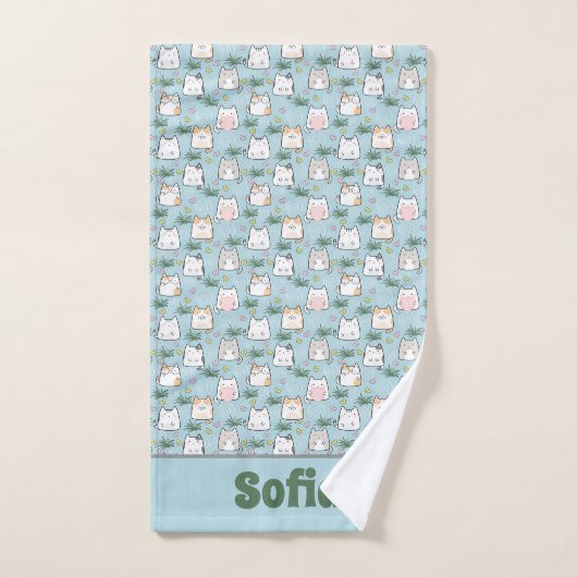 Cute kawaii kitty pattern green blue name バスタオルセット (ハンドタオル)