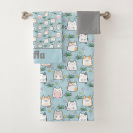 Cute kawaii kitty pattern grey blue name バスタオルセット