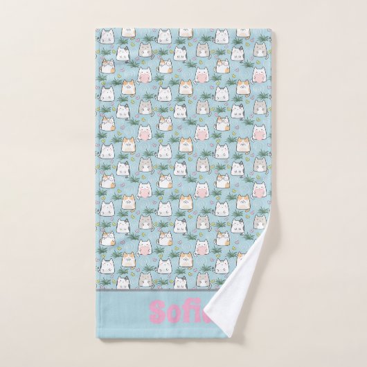 Cute kawaii kitty pattern pink blue name バスタオルセット (ハンドタオル)
