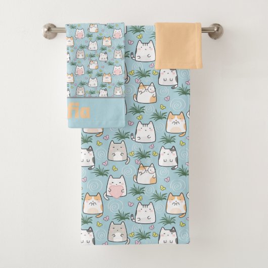 Cute kawaii kitty pattern yellow blue name バスタオルセット (インサイチュ)
