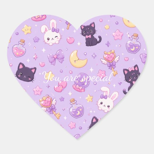 Cute Kawaii Magic Cats Pattern | Pastel Witchy  ハートシール (正面)